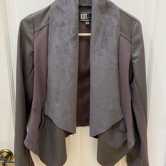 KUT from Kloth,  Gray faux leather drape front jacket - Picture 3 of 10